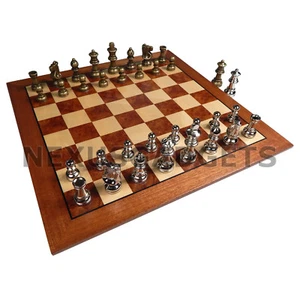 Hali Chess LARGE 15 Inch Game Set METAL Pieces Inlaid Wood Board, EXTRA QUEENS
