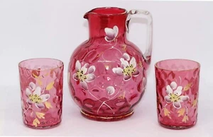19THC ENAMEL THUMBPRINT CRANBERRY GLASS SMALL BEDSIDE WATER JUG & 2 GLASS SET af - Picture 1 of 12