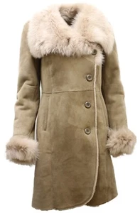 Ladies Warm Beige Suede Merino Sheepskin Coat with Toscana Collar - Picture 1 of 8