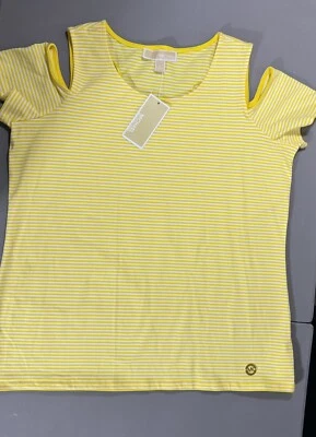 NUEVO CON ETIQUETAS TOP MICHAEL KORS VIBRANTE AMARILLO A RAYAS HOMBRO FRÍO GRANDE Foto 1 de 4
