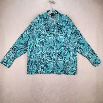 Ninety Women Top Plus Size 2X Teal Paisley Collared Modern Career Stretch Blouse - Image 1 of 4
