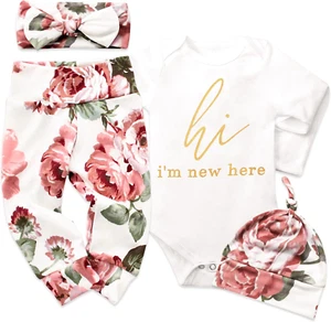 Newborn Baby Girl Clothes Hi I'M New Here Newborn Outfit Infant Romper Floral Pa - Picture 1 of 6