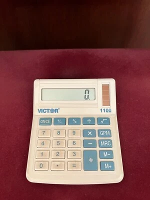 Vintage Victor 1100 Mini Desk Calculator Solar Power Blue White - 5 in x 4 in - Image 1 of 2