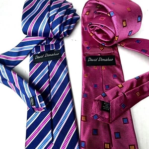 2 DAVID DONAHUE Italy Woven Silk Ties Bright Pink Blue Geometric Striped LOT USA - Picture 1 of 11