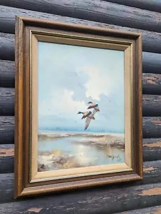 MOLLARDS FLYING DUCKS RIVER NATURE VINTAGE FRAMED ORIGINAL OIL PAINTING signed - Picture 1 of 10