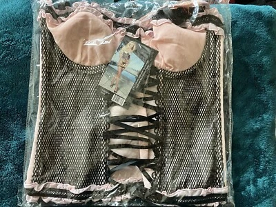 NIP Leg Avenue 2 件装渔网和系带 Corselet & Full Back 吊袜带内裤 L 粉红色 — 第 1/4 张图片