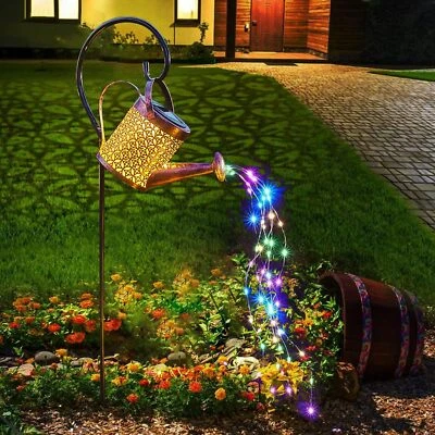 Solar Powered LED String Light Watering Can Hollow Outdoor Garden Art Lamp Decor