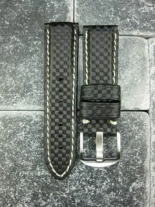 New 22mm Black Carbon Fiber Leather Watch Band PANERAI Tang Strap White Stitch - Picture 1 of 7