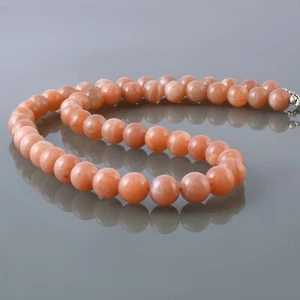 Handmade Natural Peach Moonstone 8mm Round Beads Chain 925 Silver Necklace - Picture 1 of 6
