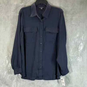 Alfani Women's Plus Size Navy Button-Front Point-Collar Long-Sleeve Top SZ 1X - Picture 1 of 11