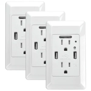 3 PK 4.2A High Speed USB Wall Outlet Receptacle Plug Socket w/ Sensor Nightlight - Picture 1 of 12