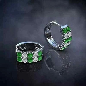 2Ct Round Cut Lab-Created Emerald Huggie Hoop Earring 14K White Gold Plated - Picture 1 of 4