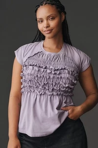 Maeve Anthropologie Smocked Ruffle Top Short Sleeve Ruched Purple L NEW 284282 - Picture 1 of 11