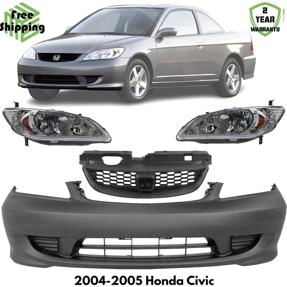 Front Bumper Cover Paintable & Grille Assembly Kit For 2004-2005 Honda Civic - Image 1 of 4