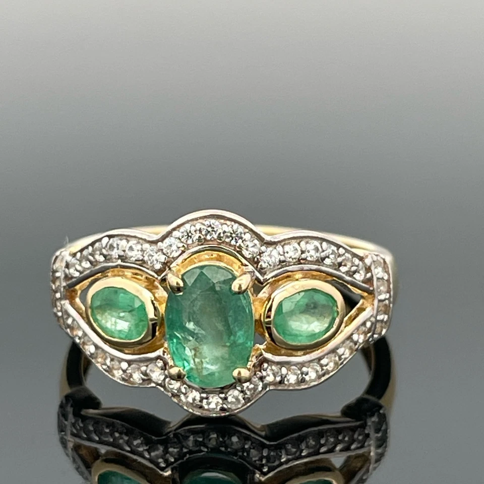 RING GR.18 (CA.57) AUS 925/- SILBER GELBVERG. MIT SMARAGD & ZIRKON SCHMUCKJAGD - Bild 1 von 3