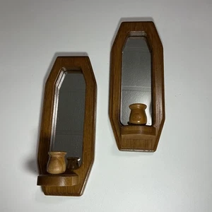 Vintage Wood Mirrored Wall Candle Sconces Set Rustic Farmhouse Wall Decor Pair - Picture 1 of 5