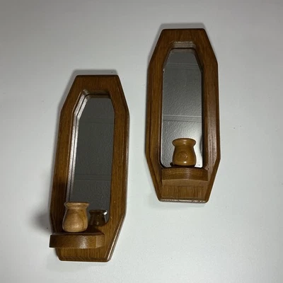 Vintage Wood Mirrored Wall Candle Sconces Set Rustic Farmhouse Wall Decor Pair - Image 1 of 4
