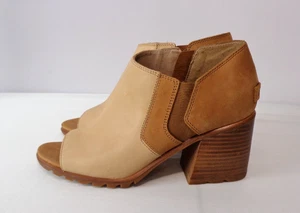 Sorel Nadia hellbraun beige Leder Peep offene Zehenpartie Knöchel Blockabsatz Reißverschluss Sandalen Größe 9,5 - Bild 1 von 8