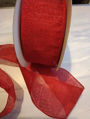 Wide Ribbon 2.5 inch Red Glitter Stripes Translucent Christmas Wired Festive - Image 1 of 4