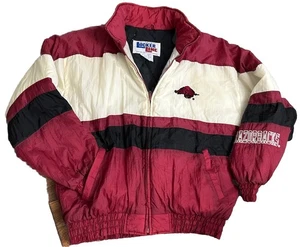 Chaqueta acolchada vintage Arkansas Razorbacks para hombre L roja con capucha universidad LEER - Imagen 1 de 12