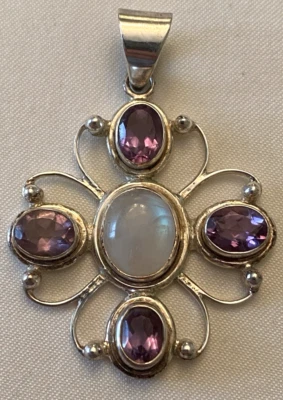 Signed Sterling Silver 925 Faceted Gemstone and Moonstone Pendant 1.4" Round — 第 1/4 张图片