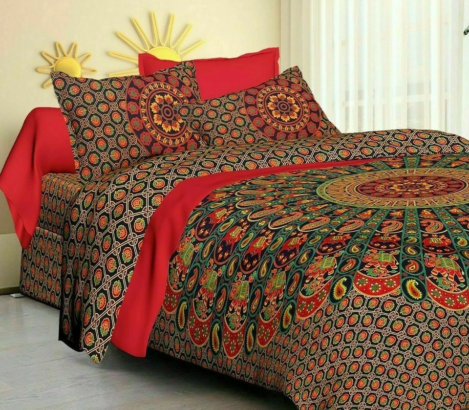 Indian Mandala Bedding Bedspread Hippie Bohemian Queen Size Bedsheet With Pillow - Image 1 of 4