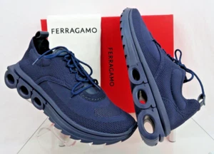 $1K NIB FERRAGAMO DARK BLUE NIMA MESH LEATHER LOGO LOW SNEAKERS US 11 44 ITALY - Picture 1 of 14