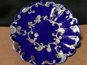 (Rare)Antique Art Deco Porcelain Silver Floral Cobalt Blue Scalloped Small Plate - Picture 1 of 6