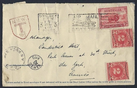 AUSTRALIA 1934 US SYDNEY AIR MAIL POSTAGE DUE NSWT 16 2/3 MARKING & DUE 4¢ NEW Y Cover