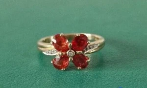 Vintage 9ct Yellow Gold Red orange Garnet & Diamond Flower Ring Size N 1/2 6 3/4 - Picture 1 of 5