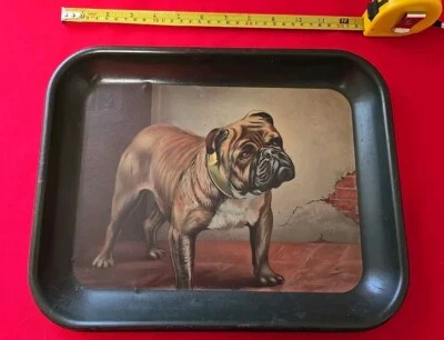 ¿Inglés antiguo? Bandeja de pub Bulldog Tin Toleware - 13,5" x 10,5" x 1" - Muy buena Foto 1 de 4