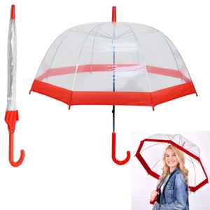 1 Transparent Clear Dome Umbrella Red Trim Adult Rain Cover Bubble See Through - Picture 1 of 1