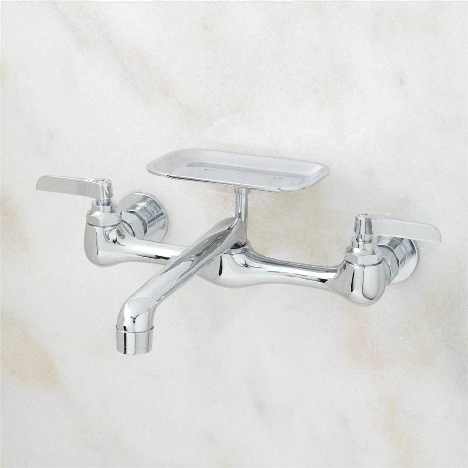 PLUMBING LEVER HANDLE WALL MOUNT FAUCET WITH SOAP DISH SOLID BRASS CHROME FINISH