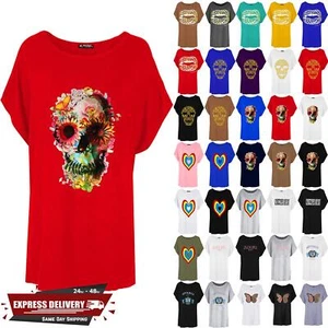 Womens Batwing Halloween Floral Skull Casual Baggy Ladies Oversized T Shirt Top - Picture 1 of 30