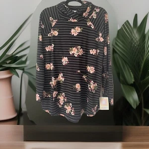Lularoe Amber Hoodie Large Design Floral Stripe Black NWT - Picture 1 of 6