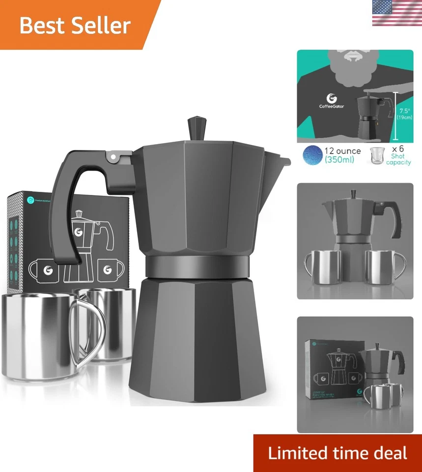 Olla Moka Portátil Gris Mate - Cafetera Espresso 350 ml y Tazas de Acero para Regalos Foto 1 de 4