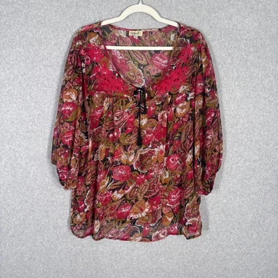 Túnica OneWorld Sheer Fairy Top Grande Cachemira Boho Campesina Encaje Crochet Casa de campo Foto 1 de 4