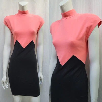 Vintage 1980's ALL THAT JAZZ Pink & Black Body Con Knit Dress - Size S - Image 1 of 4