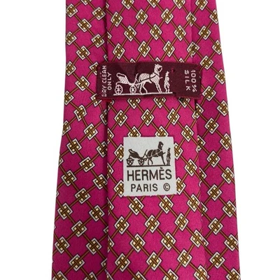 Corbata para hombre Hermes geométrica roja/marrón satinada seda 7201 UA 3,25" (W) x 57" (L) usada en excelente estado Foto 1 de 4