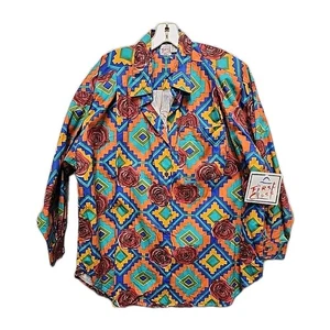 Damen Southwest Rosen Cowgirl Knopfleiste Hemd Retro Aztekenmuster mehrfarbig neu mit Etikett 22 Vintage - Bild 1 von 7