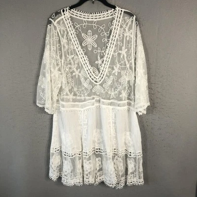 Boho Lace Tunic Dress Womens One Size Sheer Embroidered Floral Fairy Feminine - Image 1 of 4