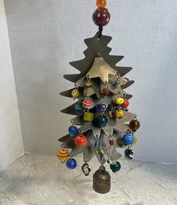 Hand Cut Hanging Iron Christmas Tree With Glass Bead Ornaments & Copper Bell - Picture 1 of 11