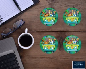 SCOOBY DOO & FRIENDS MYSTERY MACHINE CUSTOM HARDBOARD HOUSE COASTER SET OF 4 - Picture 1 of 2