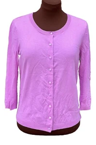 Talbots Knit Cardigan M Solid Magenta Button Down Round Neck 3/4 Sleeves - Picture 1 of 9