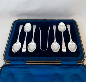 A George V Solid Silver set of 6 Teaspoons & Sugar Tongs,Sheffield 1911,88grams - Picture 1 of 9