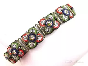 Vintage Early Marked ITALY Floral Micro Mosaic 9 Link Gold Tone Bracelet 8" - Picture 1 of 1