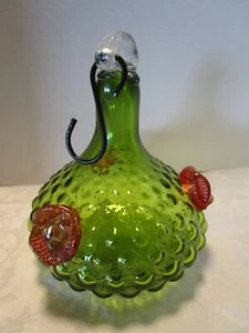 Studio Glass Hand blown Hummingbird Feeder Green hobnail flowers  8" t 1990's - Picture 1 of 12