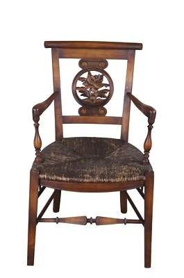 古董法国乡村胡桃木雕刻炉边扶手椅编织拉什座椅花卉 — 第 1/4 张图片