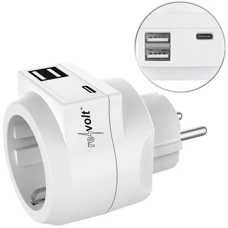 revolt 3in1-Steckdose mit USB Typ C & 2x USB Typ A, 230 Volt, 3,6 A, 18 Watt