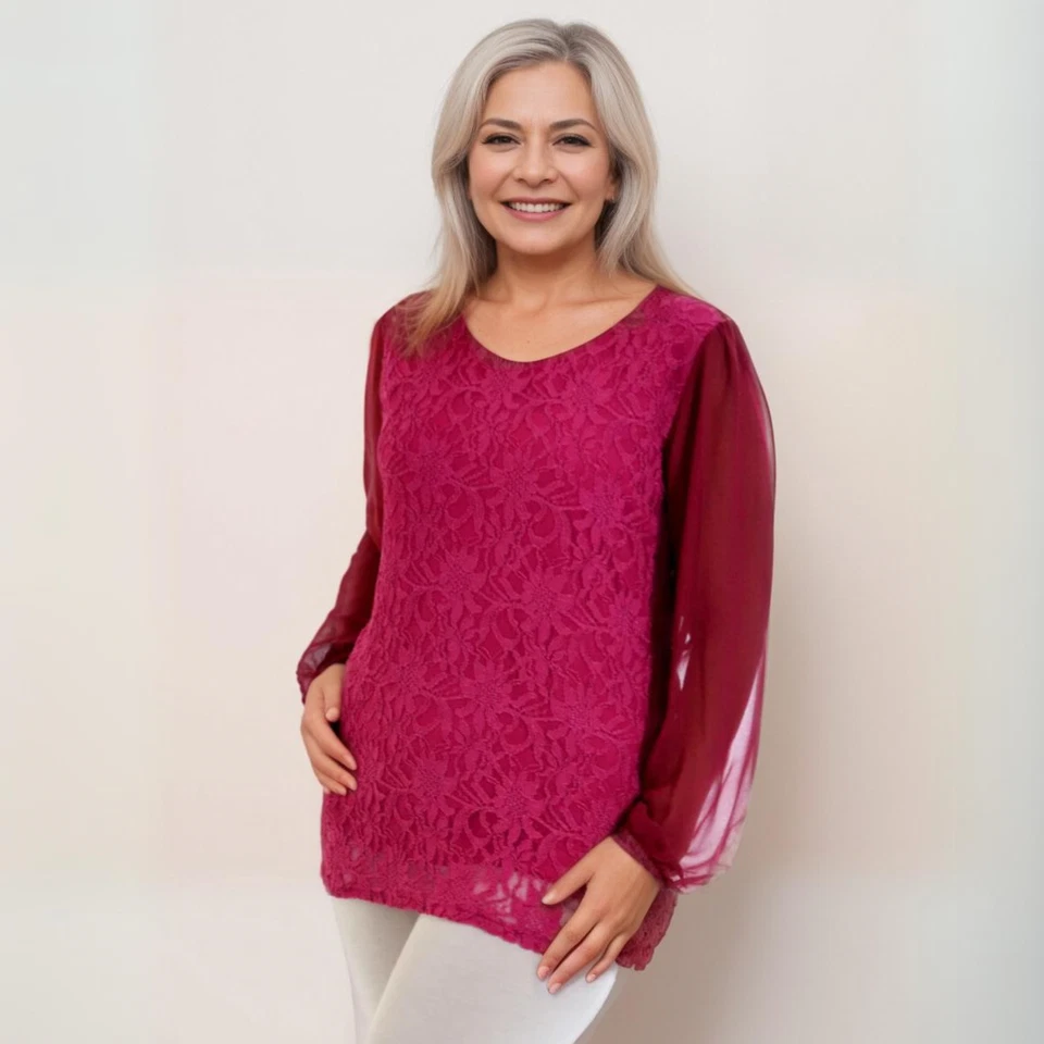 ROCKTHOSECURVES WOMENS BLOUSE LUXURY LACE WITH CHIFFON SLEEVE PARTY EVENING TOP - Image 1 of 4